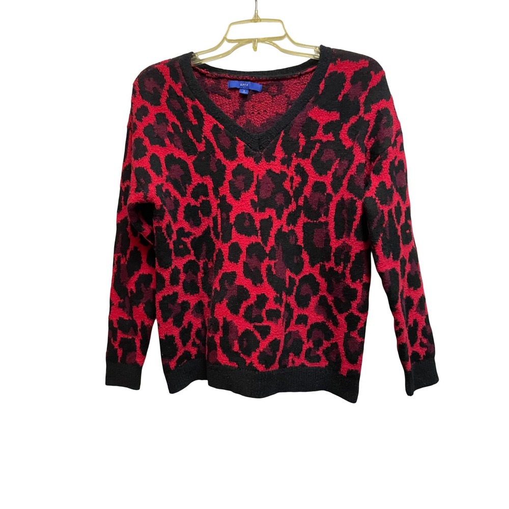 Apt. 9 Womens Red Black Leopard Print V-Neck Fuzzy Knit Sweater Size S